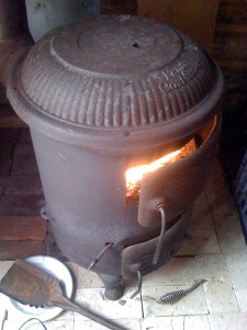 It cold. We fire make. Sack burn ball.